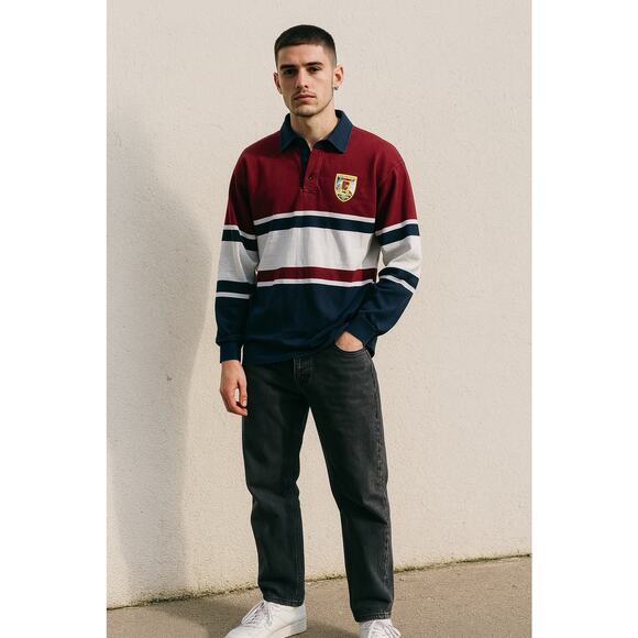 Vintage O’Neills Rugby Shirt, Small Irish Gaillimh Crest Navy Maroon Striped 90s - Picture 1 of 9